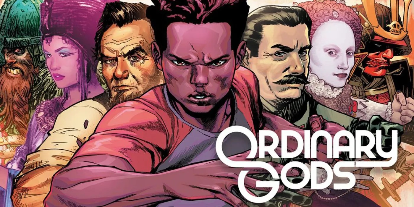 The cover of Ordinary Gods has the main character Christopher front in center, followed by historical figures who look Queen Elizabeth, Abraham Lincoln, Stalin, and some unfamiliars.