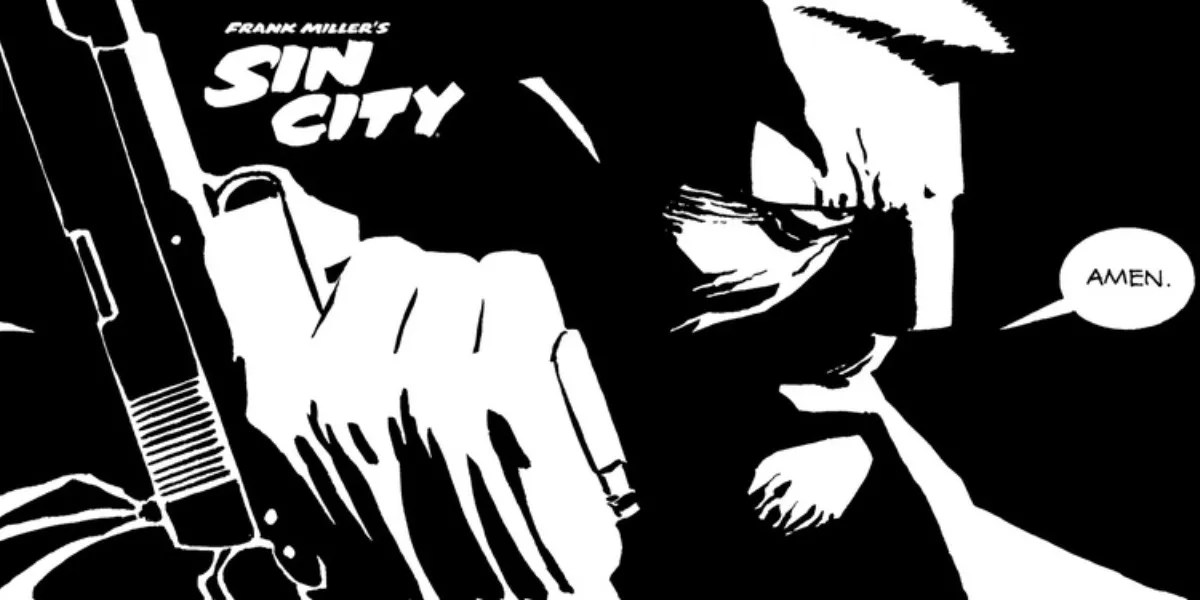 Marv holding a gun in black and white art for without City