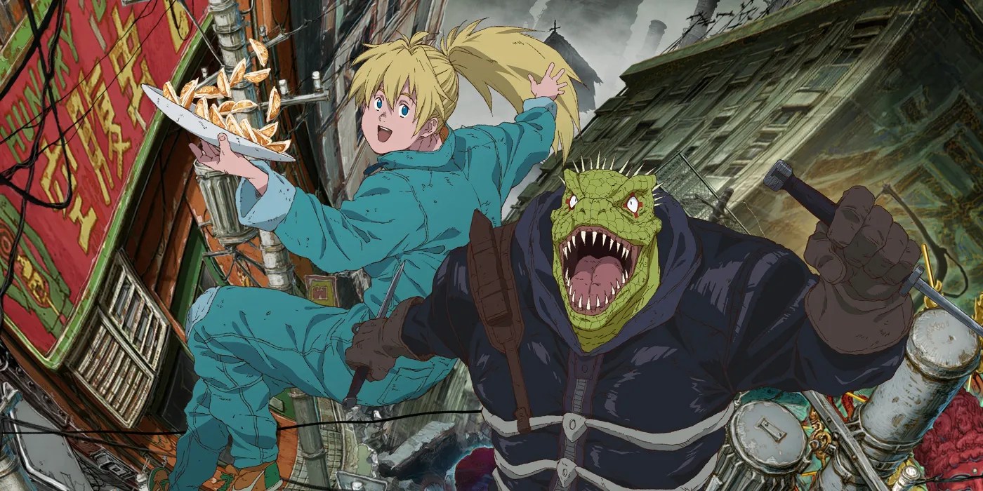 Kaiman y Nikaido de Dorohedoro posando alrededor de un mundo deformado