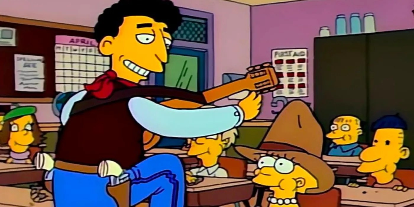 Bergstrom tocando la guitarra en un salón de clases con Lisa en Los Simpson