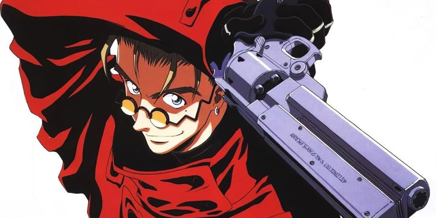 Vash la estampida sonríe mientras sostiene su revólver sobre su cabeza