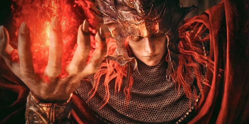 Messmer the Impaler holds out his hand with a fireball while looking at the camera. 