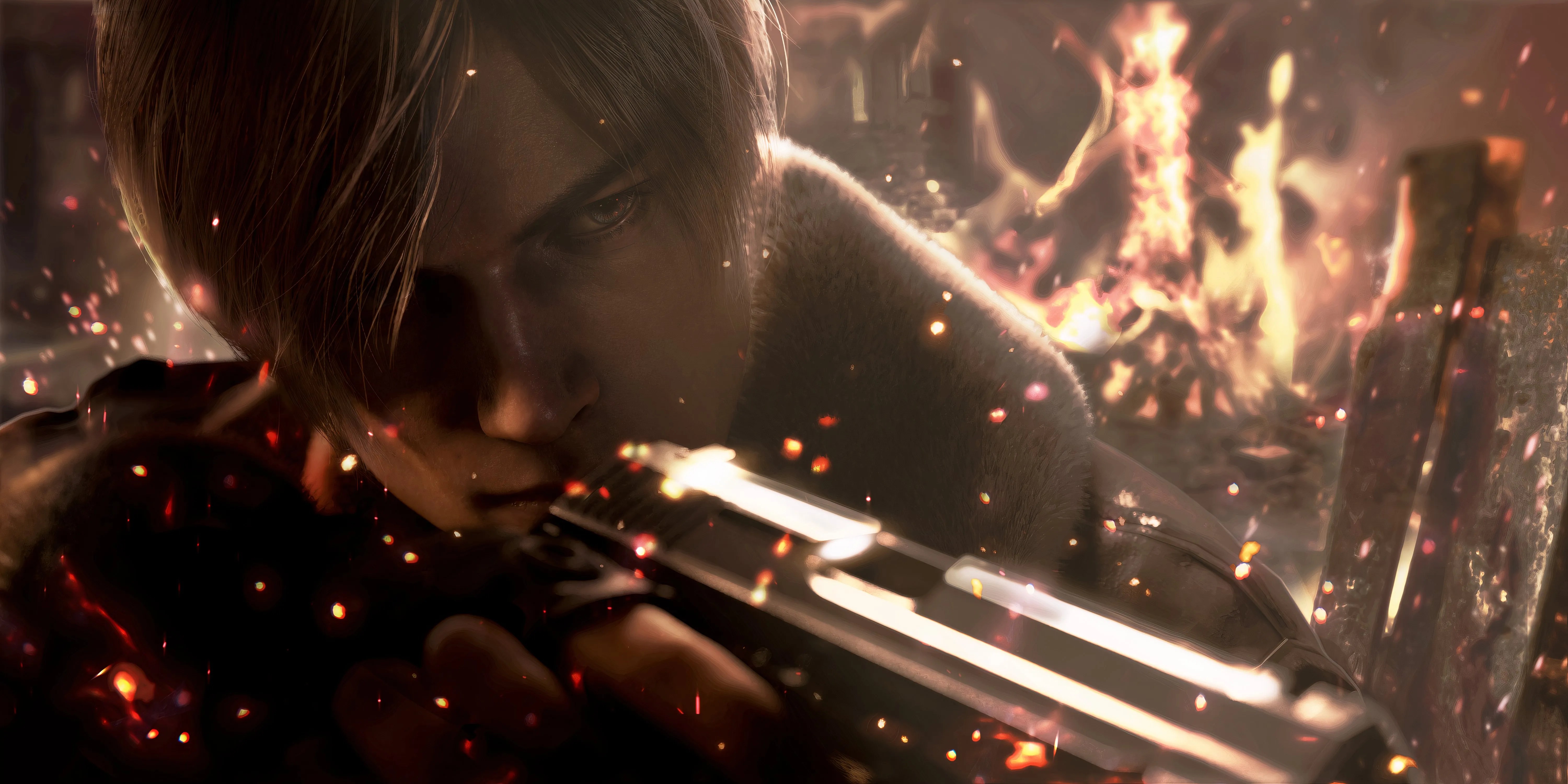 Resident Evil 4 Remake Leon rodeado de fuego mientras sostenía una pistola.