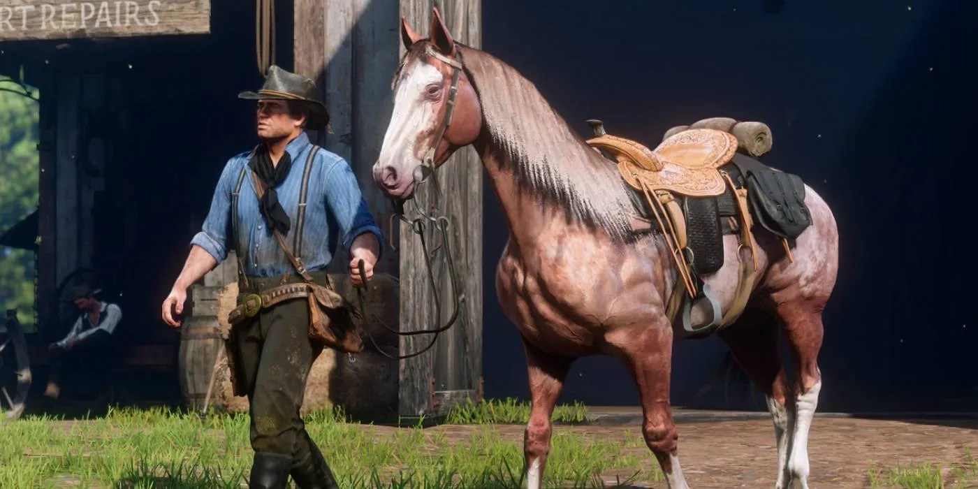 Red Dead Redemption 2 Arthur Morgan sacando al caballo del establo