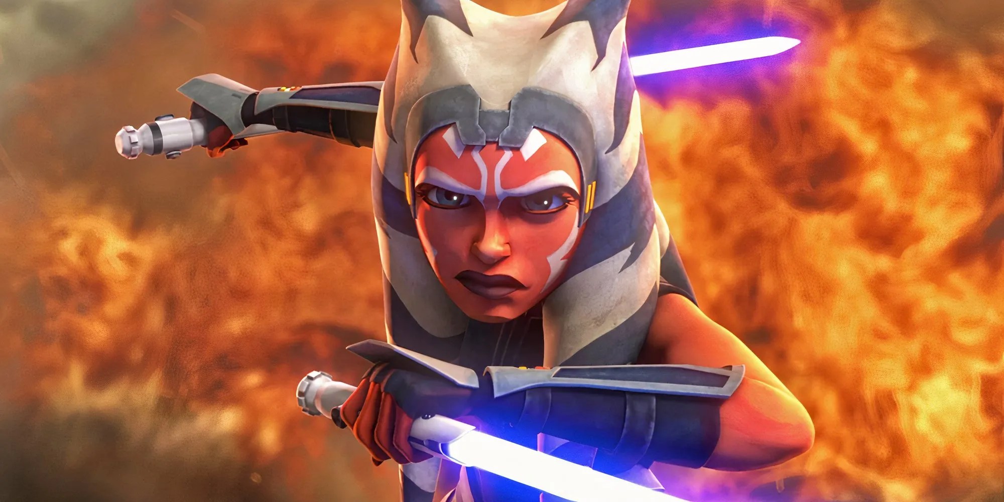 Ahsoka Tano wielding her lightsabers in Mandalore during the Siege of Mandalore