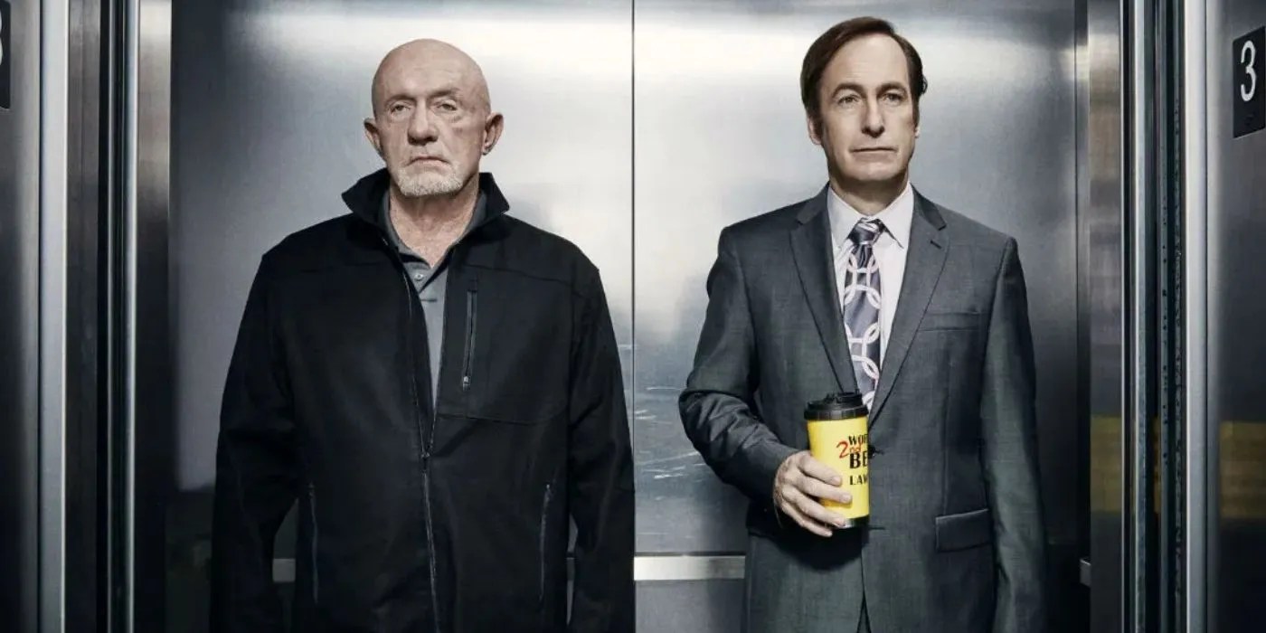 Mike y Jimmy en un ascensor en Better Call Saul. Mike se ve típicamente inexpresivo, mientras que Jimmy se ve optimista