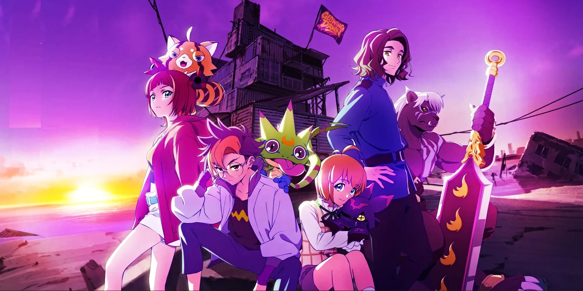 Elenco de Digimon Beatbreak con sus digimons en el visual principal del anime