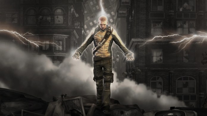 Cole from Infamous standing on a destroyed car with lightning coming down onto his head and toward his two outstretched hands.