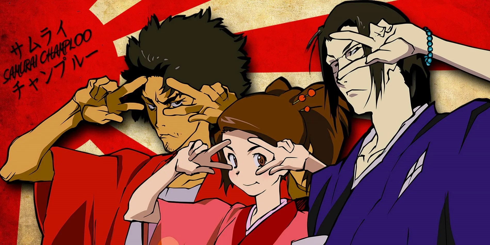 Mugen, Fuu y Jin imponen poses en el arte clave de Samurai Champloo.