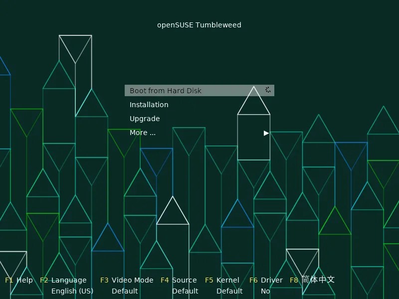 The openSUSE Tumbleweed initial boot menu.