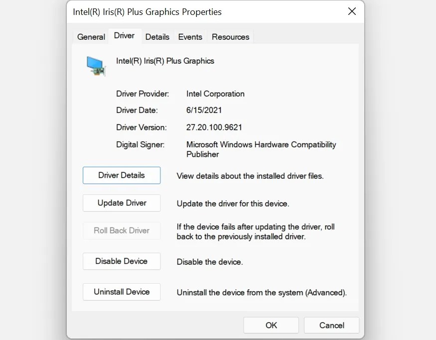 Driver properties window in Windows 11.