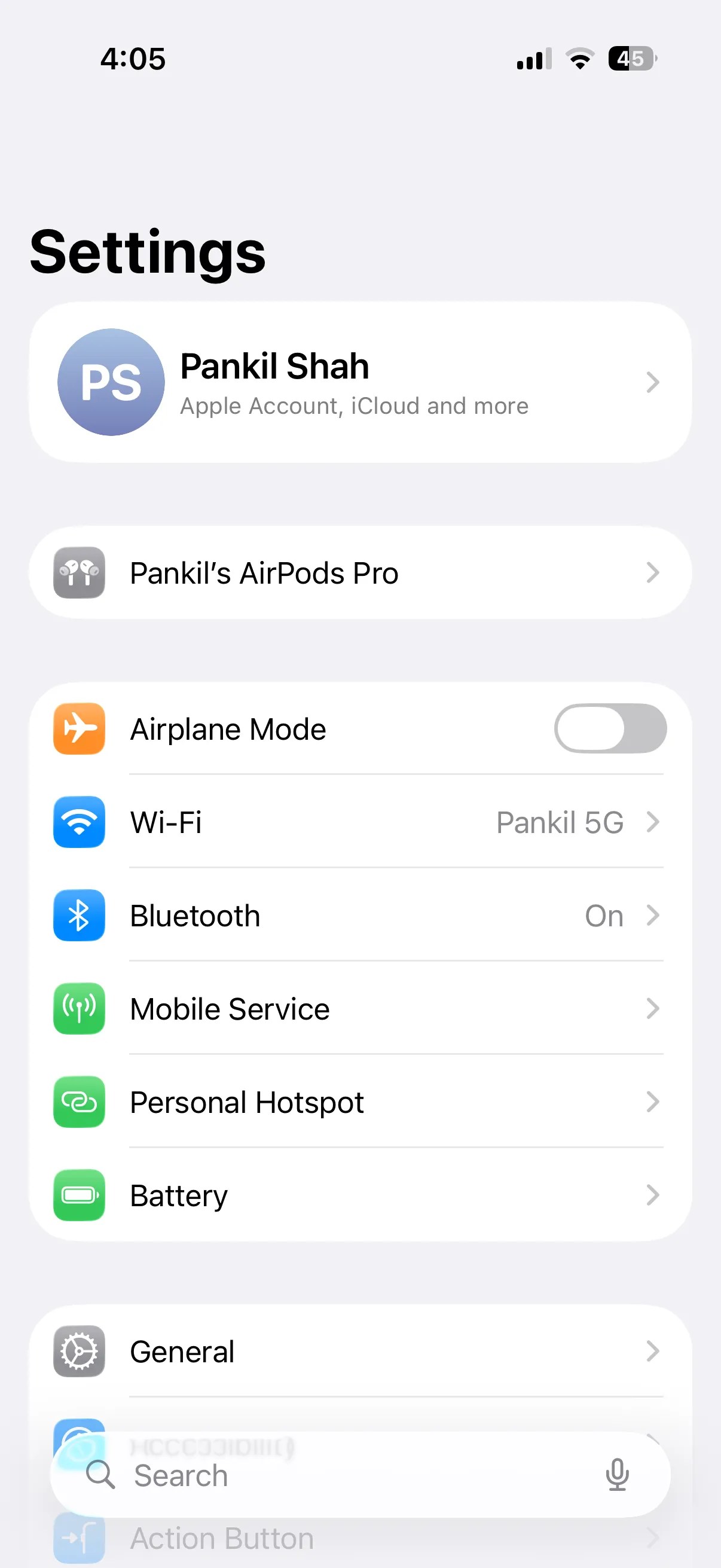 iPhone Settings app in light modee