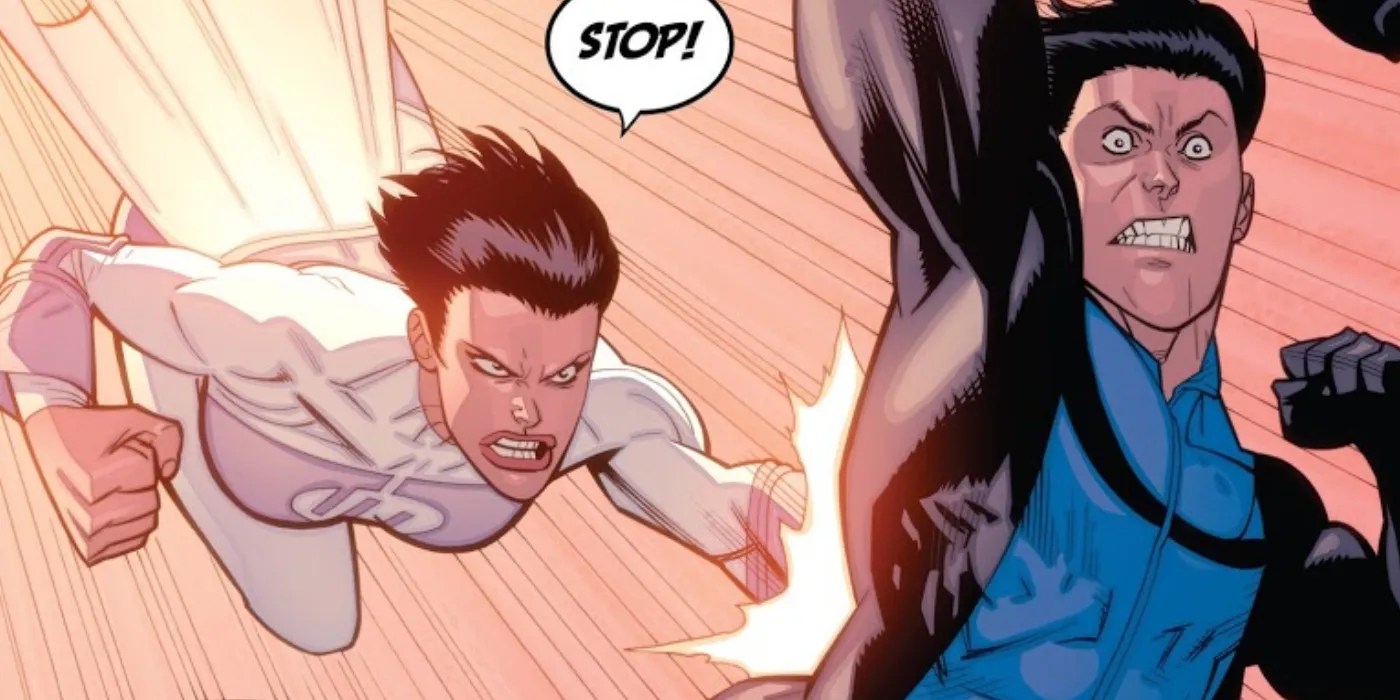 Anissa attacking Invincible in mid-air in the comics. 