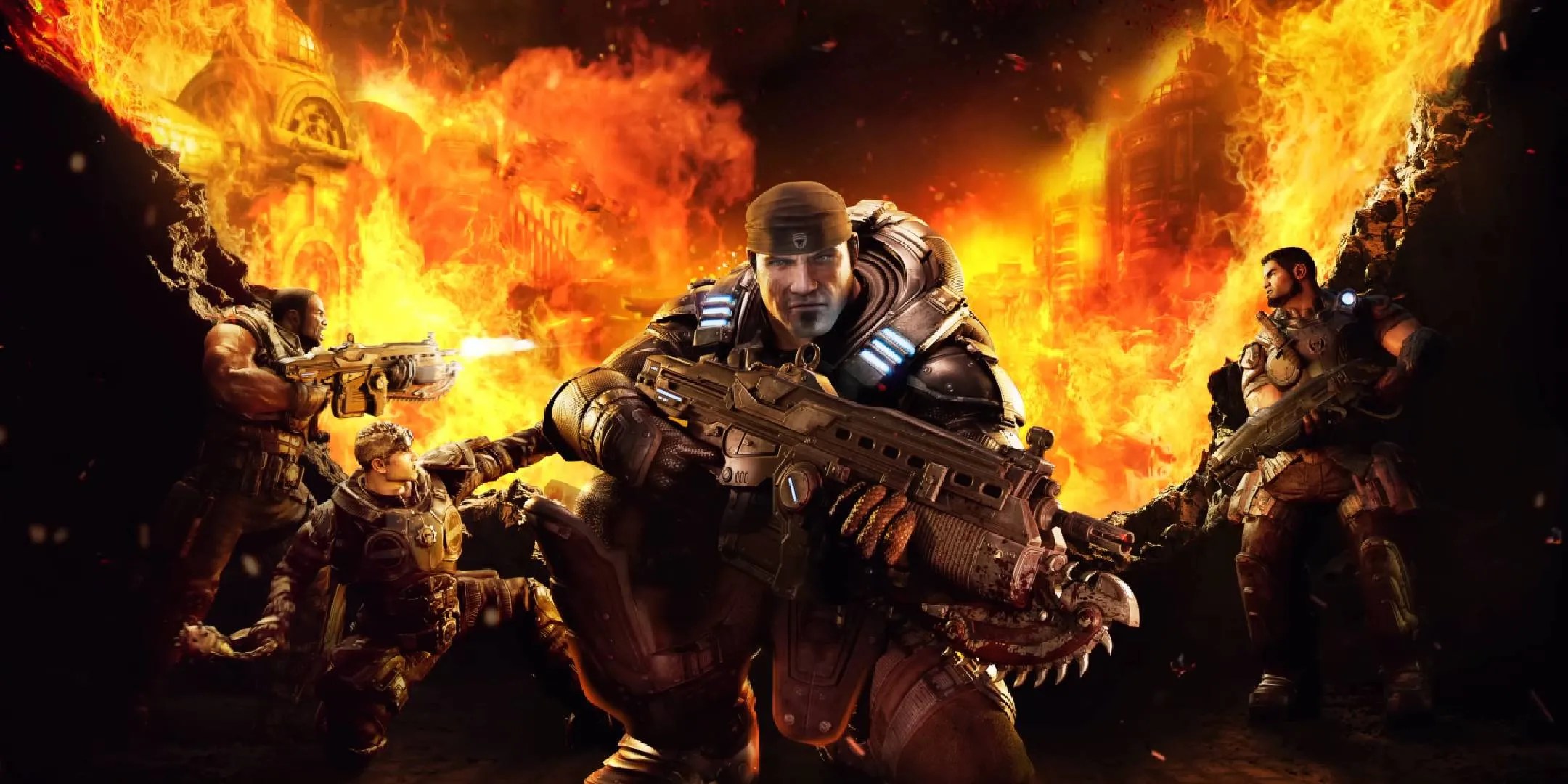 Gears of War: Reloaded Marcus Phoenix con miembros del escuadrón en el juego Remaster Keyart