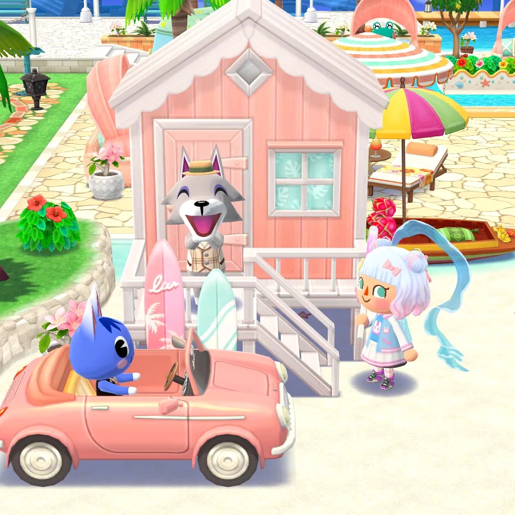 Animal Crossing: personajes de campamento de bolsillo que se ríen por una casa de playa y un auto rosa