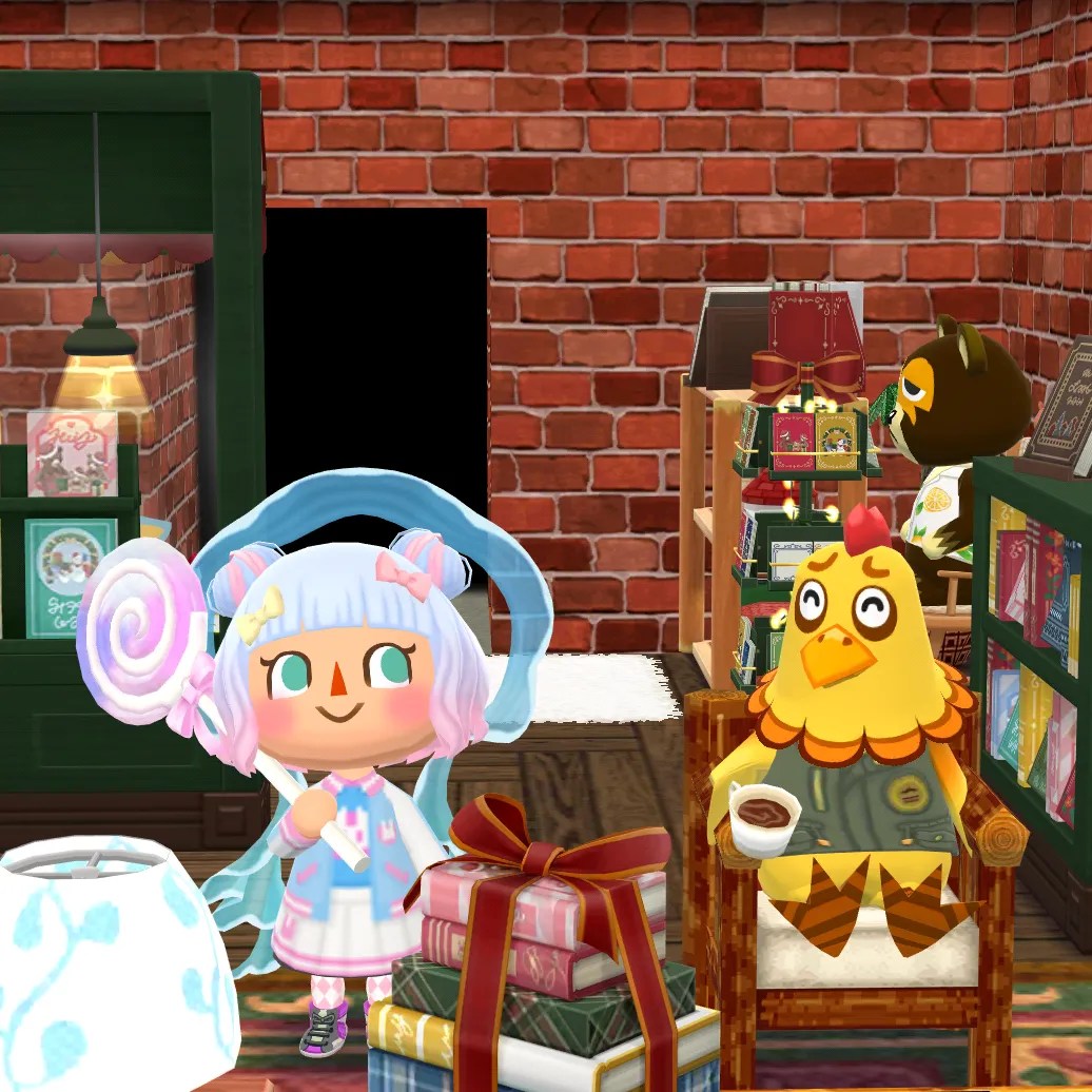 Crossing de animales: personaje de Pocket Camp parado junto a Eggbert en una cabaña temática de la librería