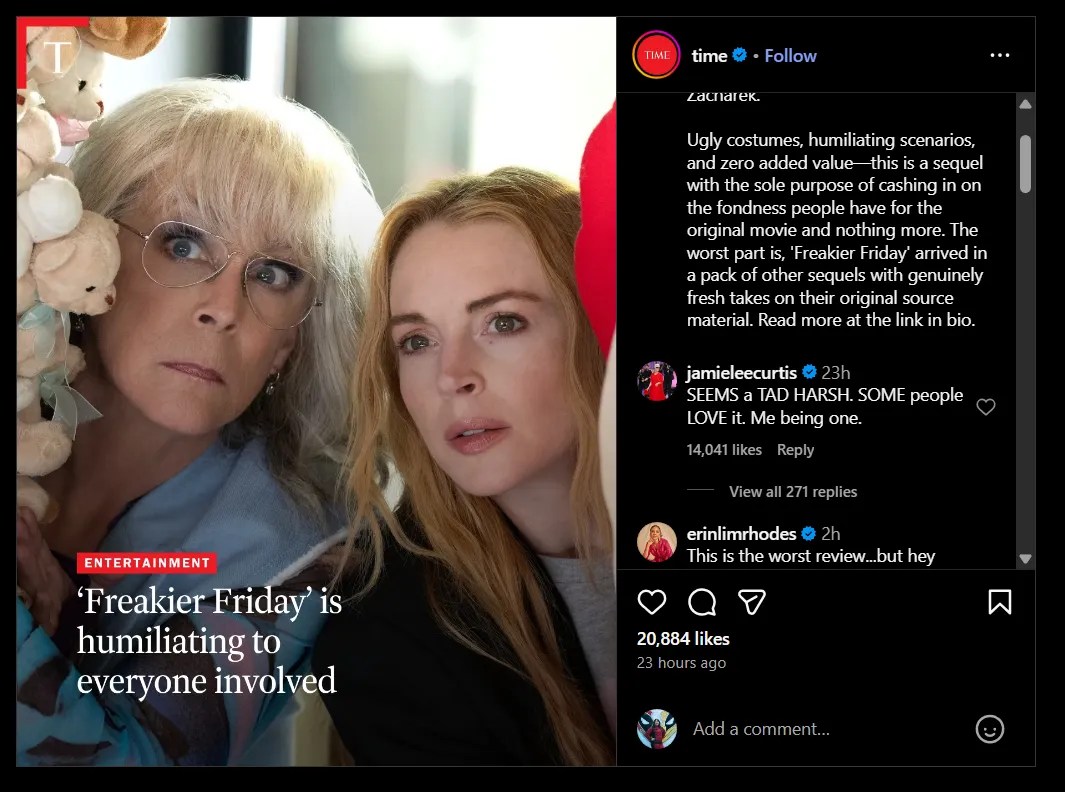 Jamie Lee Curtis Responds to Unfavourable Freakier Friday Assessment