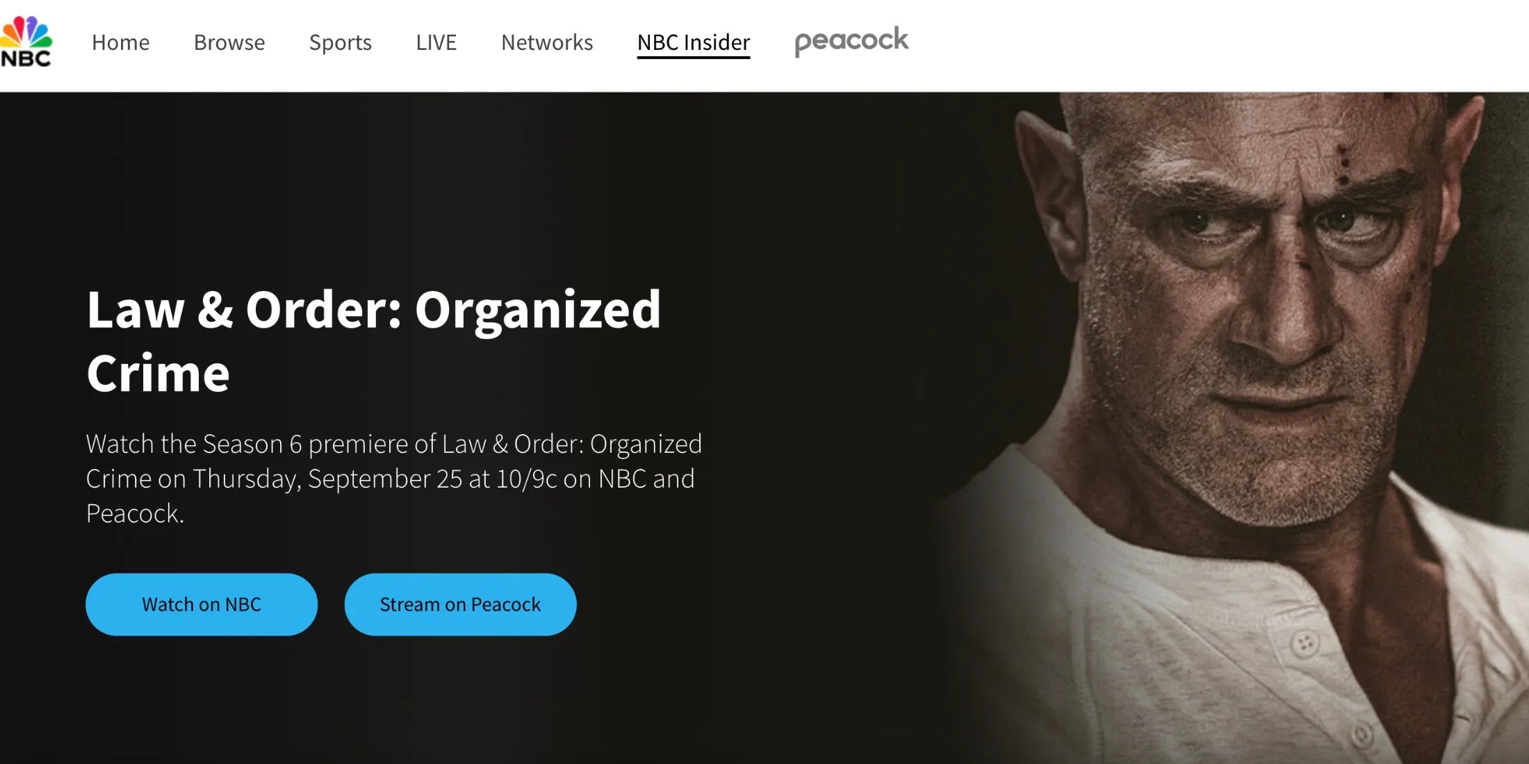 Una captura de pantalla de la ley y el orden: el anuncio del crimen organizado de NBC que indica erróneamente la temporada 6 se emitirá en NBC