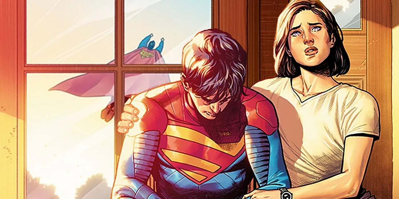Lois comforts Jon as they watch Superman fly away, his reflection in the door mirror.