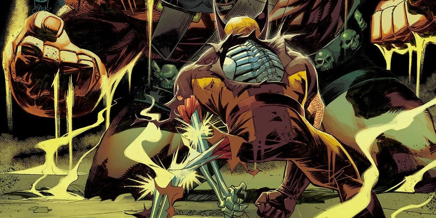 Wolverine is facing a big scary guy with his wounds that reveal his metal skeleton in his left arm, left leg, and the ribcage on his back.