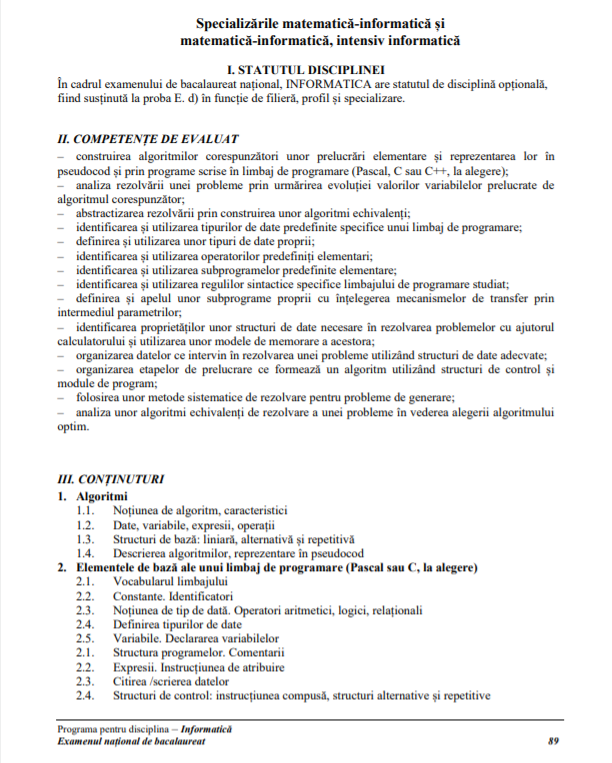 Programa InformaticÄ Bac 2021 Materia Pentru Subiectele De Bacalaureat Libertatea