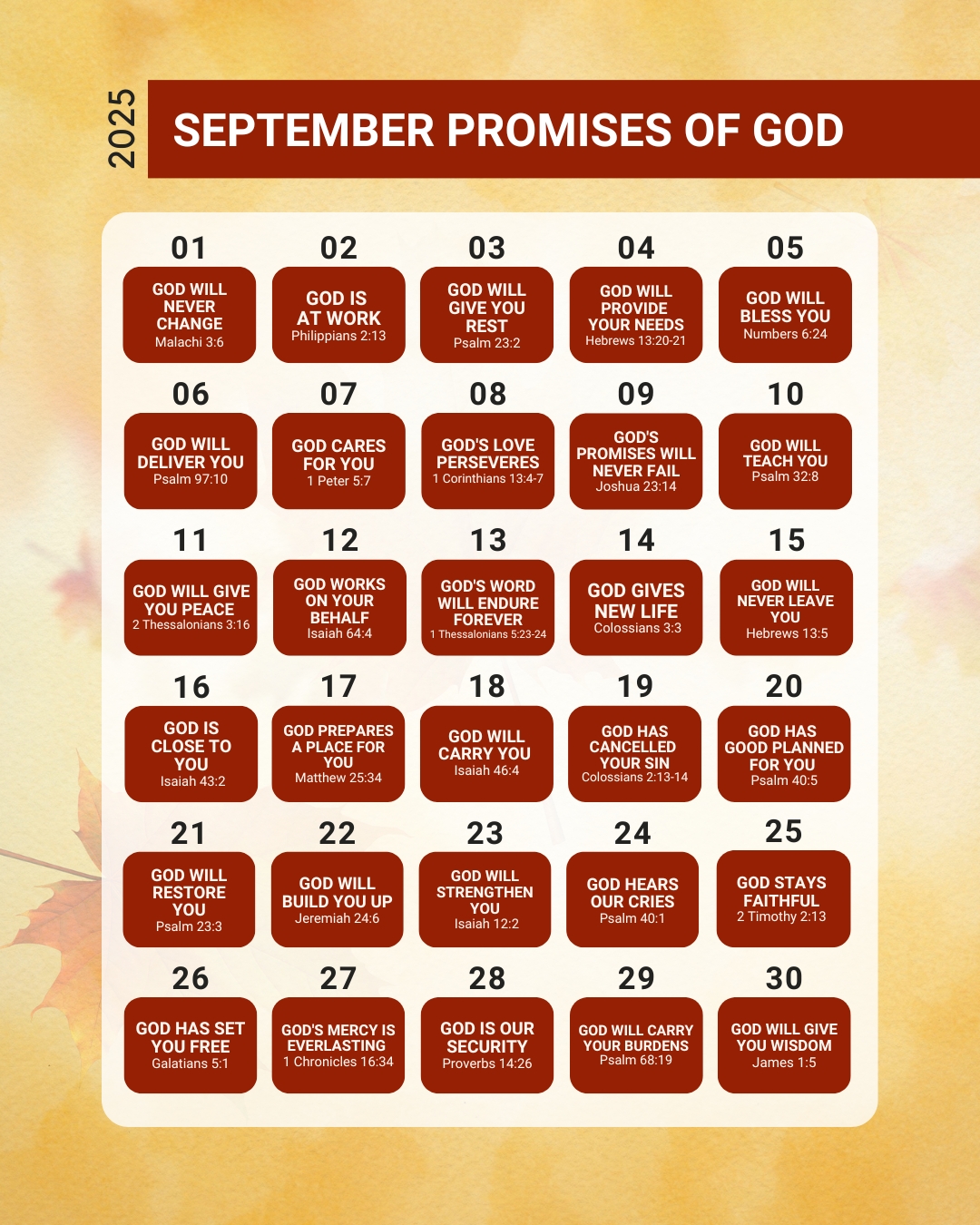 Calendar of Bible verses with promises of God for September 2025