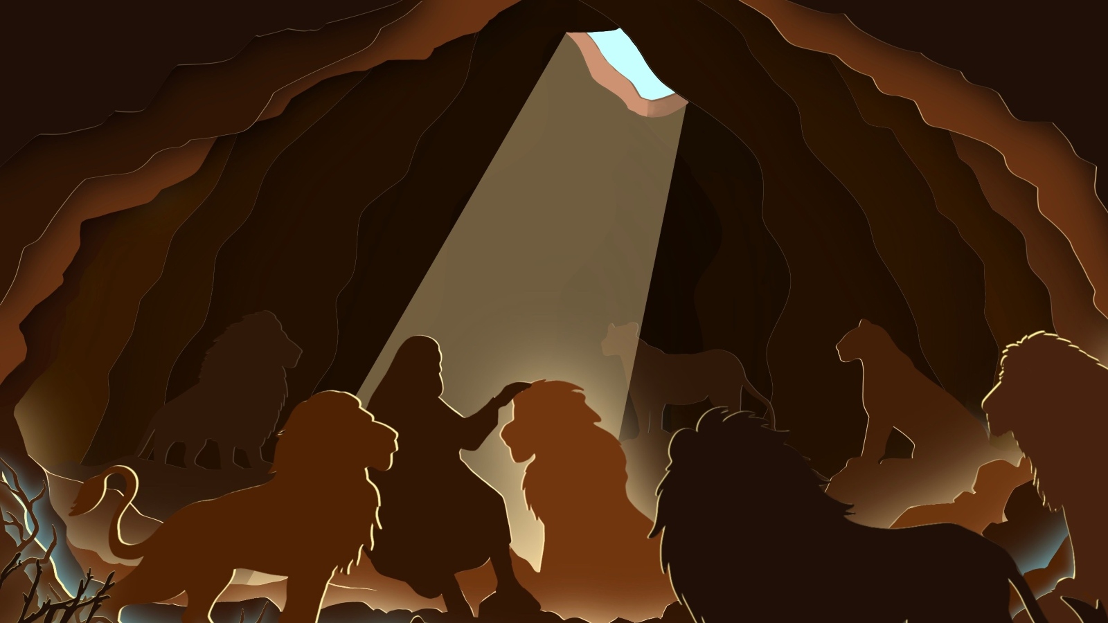 Paper art of Daniel quietly patting lion's head in cave surrounded by other lions while light shines in from above