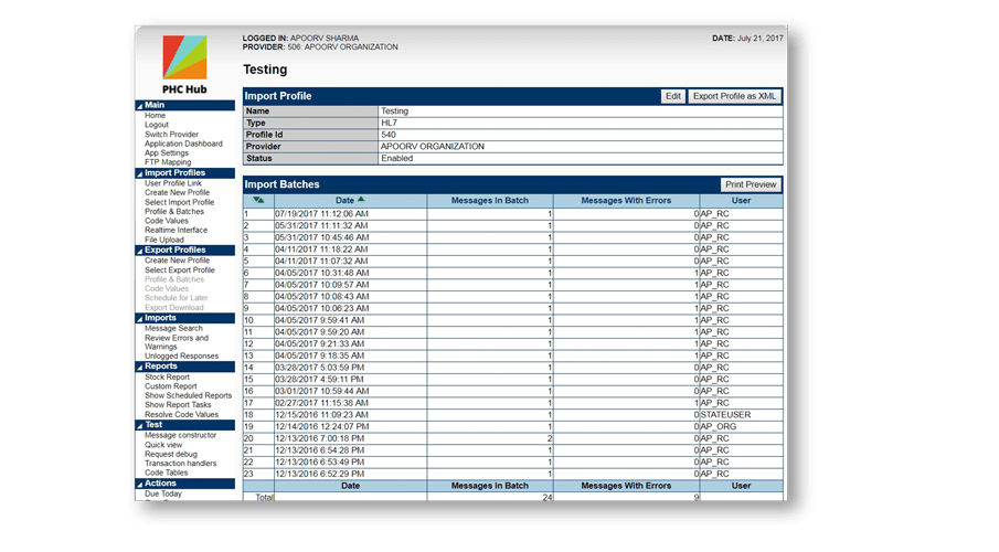 Screenshot of the PHC Hub application showing an example HL7 message Testing page