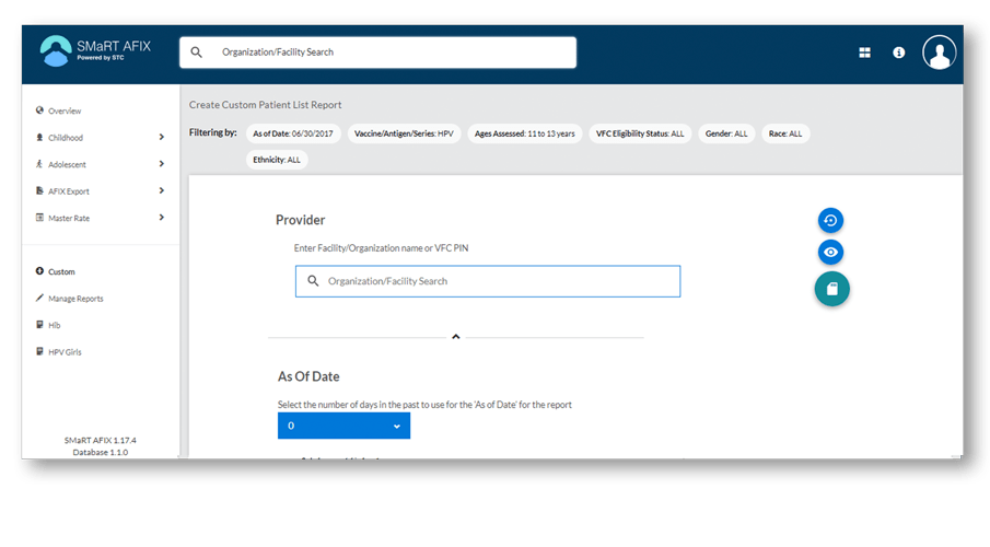 Screenshot of the SMaRT AFIX application showing an example Create Custom Patient List Report page.
