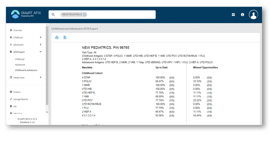 Screenshot of a SMaRT AFIX application page showing an example Childhood and Adolescent AFIX export report.
