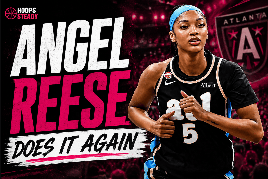 Angel Reese featured graphic with the headline “Angel Reese Does It Again” following her 24th double-double of the WNBA season.