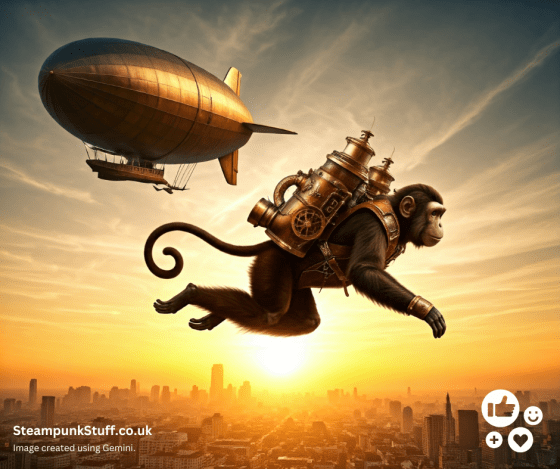 Flying jet-pack monkey over cityscape with airship.