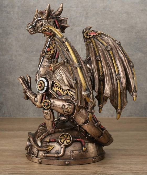 Steampunk bronze colour dragon statue. Back view,