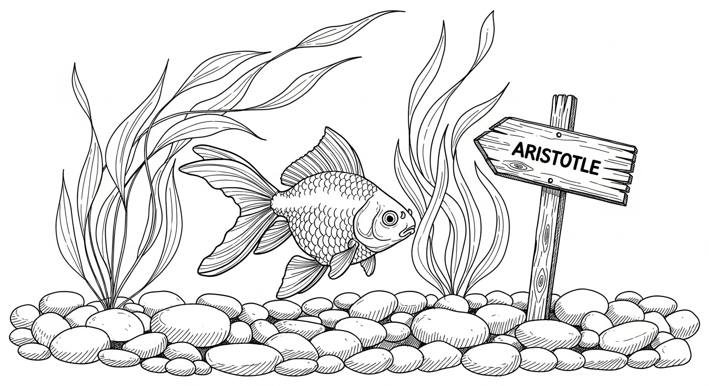 Goldfish swimming near an underwater sign reading Aristotle — illustration for blog post about hope and finding meaning in unexpected places.