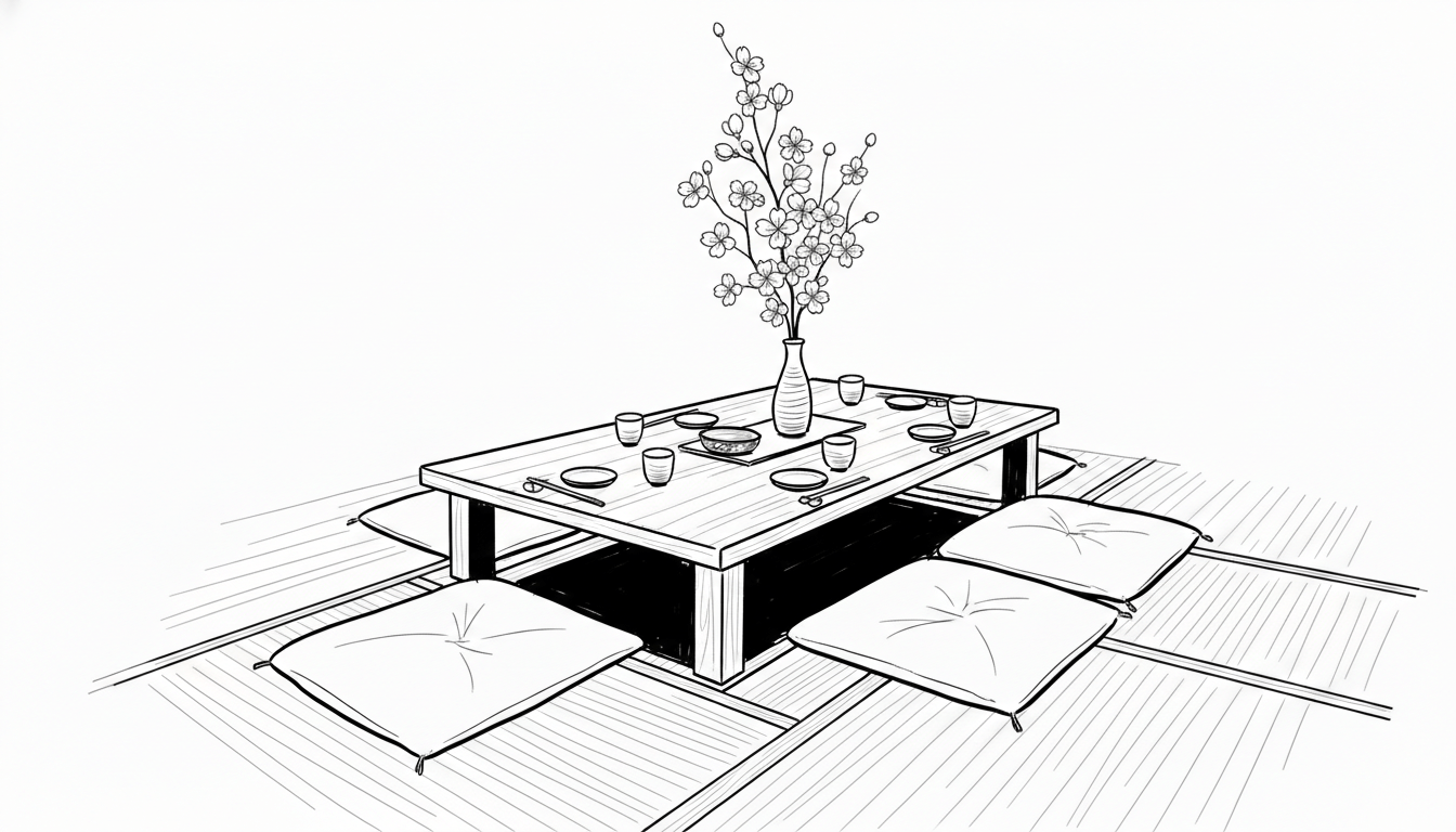 Japanese dining table illustration representing communication and love languages in relationships