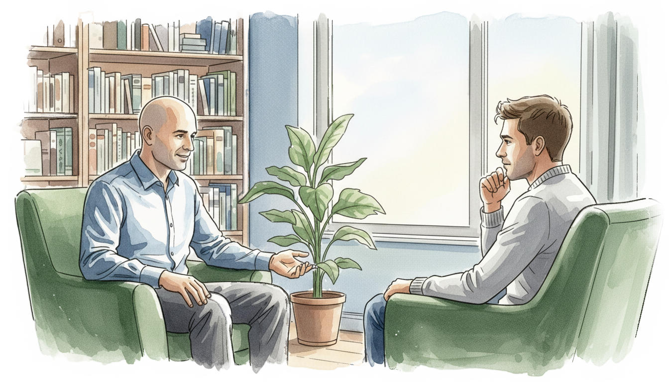 Two people in therapy session having collaborative conversation in comfortable office setting