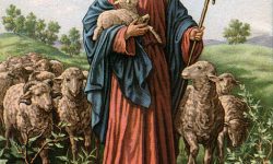 Vintage illustration of The Good Shepherd with Jesus holding a lamb; lithograph, 1930s. (Photo by GraphicaArtis/Getty Images)