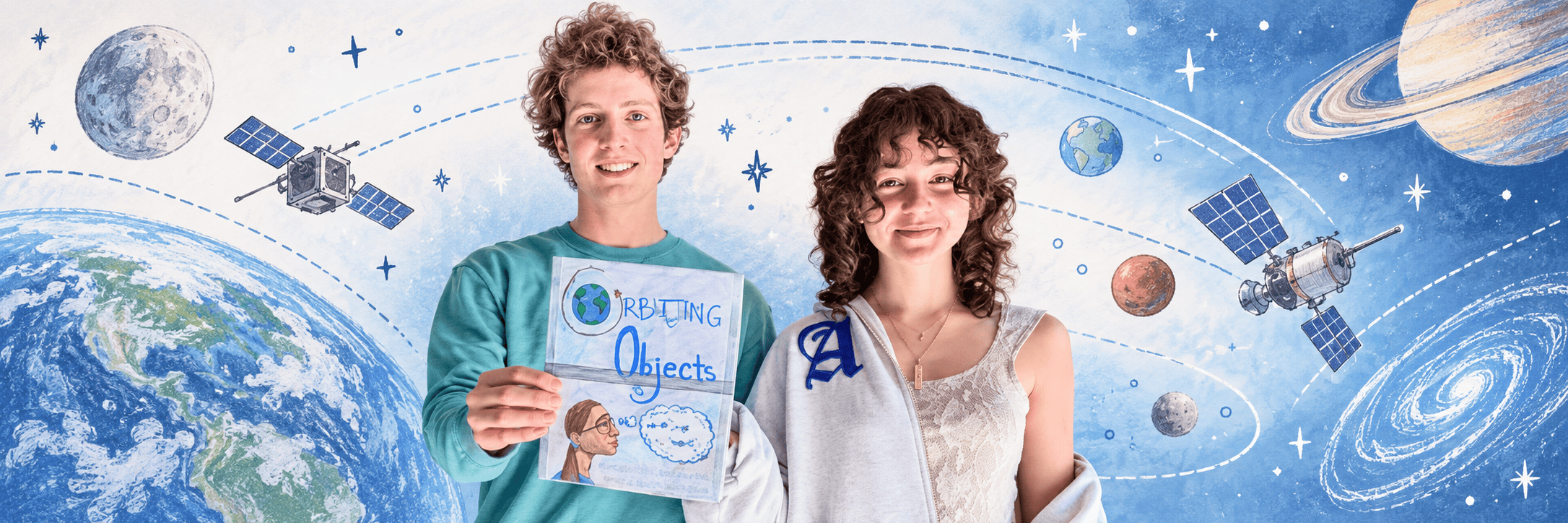 Orbiting Objects book article banner image, author and illustrator