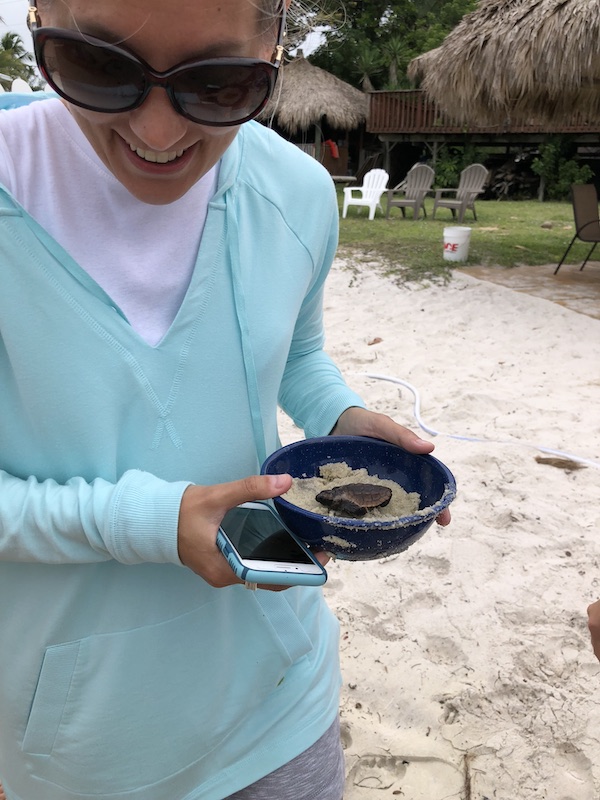 Stephanie holding a blue bowl, reflecting on saving a baby sea turtle years ago