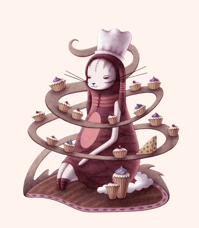 "Bunny with Cupcakes and Cheese" (graphite/colored in Photoshop, 10 x 10 in, 2013)