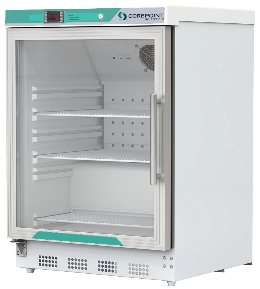 Corepoint Scientific White Diamond Series Undercounter Refrigerator, Built-In, 4.6 Cu. Ft., Glass Do