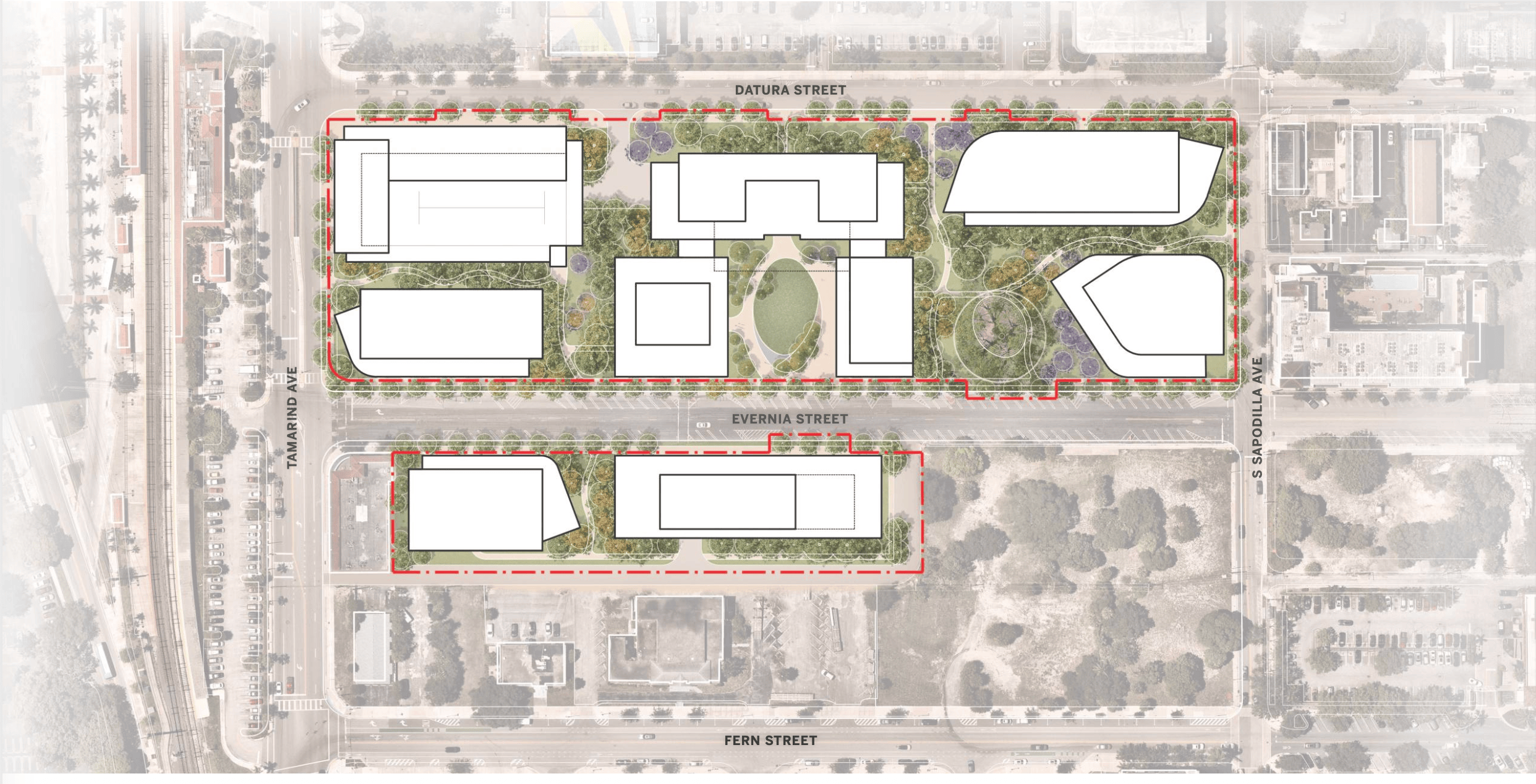 The middle building of the three on the south side of Datura Street would be the first to be built, according to a first draft of the proposed Vanderbilt University campus submitted to West Palm Beach, (Screenshot: City of West Palm Beach via Vanderbilt University)