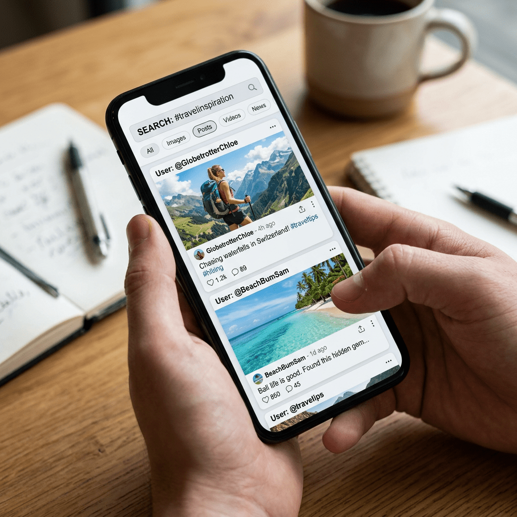 Hands holding phone showing SEARCH: #travelinspiration, mountain hiking and beach posts