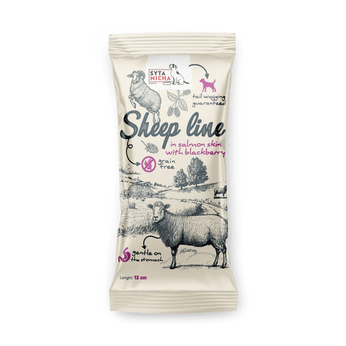 SYTA MICHA SHEEP LINE KOŚĆ DO ŻUCIA OWCA W SKÓRZE ŁOSOSIA Z JEŻYNĄ 12CM