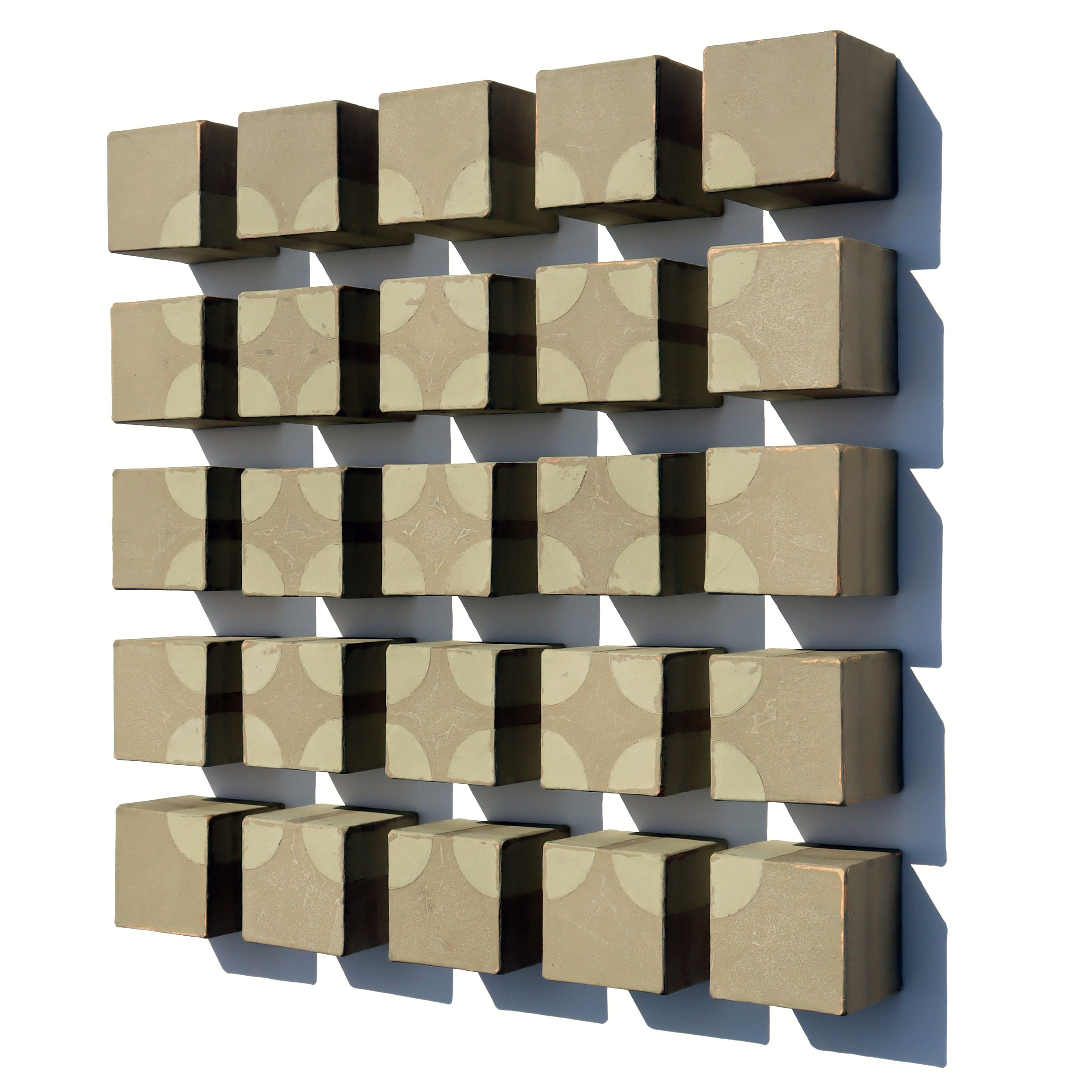 Wall-hung, composed of 25 individual stoneware cubes (hollow), each about 3" x 3" x 3".