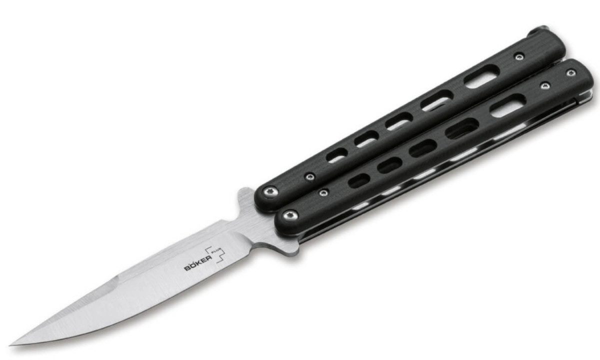 Boker Plus (06EX228) "Balisong G10" Balisong/Butterfly, 4.01" D2 Satin Clip Point Blade, Black G-10 Handle with Pocket Clip, Latch Lock