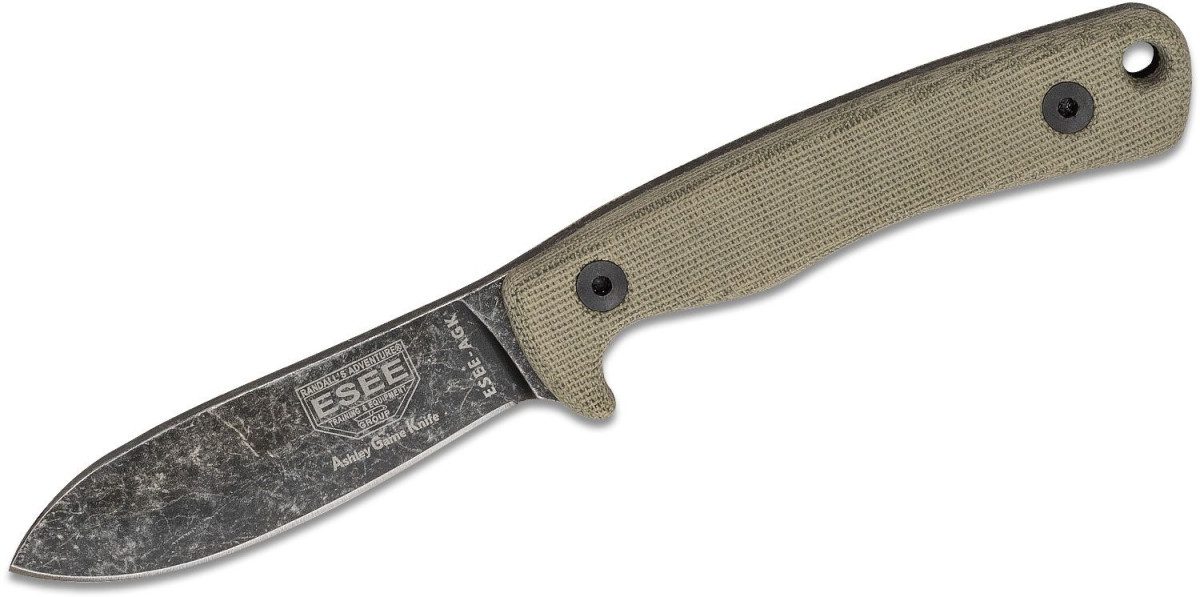 Esee (ESAGK) "Ashley Game Knife" Fixed Blade, 3.5" 1095 High Carbon Black Oxide Stonewash Drop Point Blade, Natural Canvas Micarta Handle, Leather Sheath
