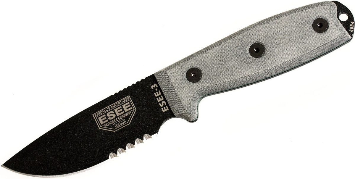 Esee (RC3SM) "Model 3" Fixed Blade, 3.875" 1095 High Carbon Black Powdercoat Drop Point Blade, Natural Canvas Micarta Handle, Coyote Brown Kydex Sheath