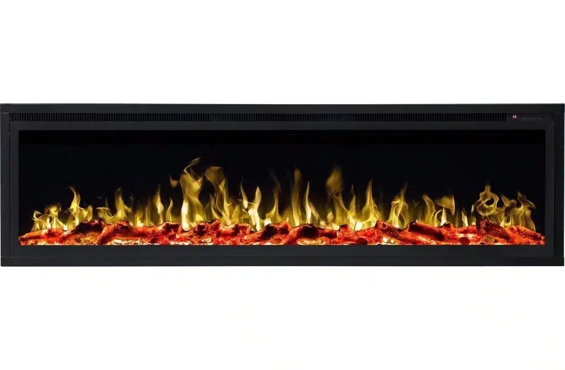 De testhaard heeft een zwart rechthoekig frame, realistische oranje en gele vlammen en een gloeiend sintelbed.