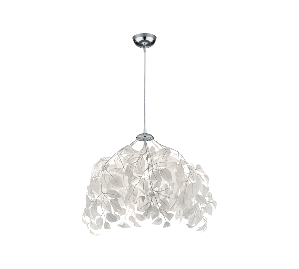 Een moderne hanglamp met talloze delicate, witte bladachtige vormen opgehangen aan dunne draden, wat een organische en luchtige look creëert. Het armatuur is bevestigd aan een plafond met een strakke chromen afwerking.